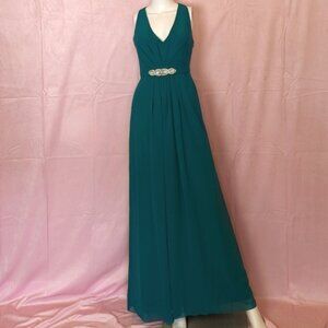 Jenny Packham Bridesmaid Jade Green Luxe Chiffon V Neck Beaded Belt Dress size 0